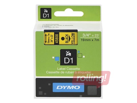 Marķēšanas lente DYMO D1, 19 mm x 7 m, melni burti uz dzeltena fona 