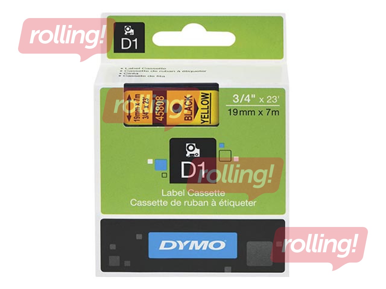 Marķēšanas lente DYMO D1, 19 mm x 7 m, melni burti uz dzeltena fona 