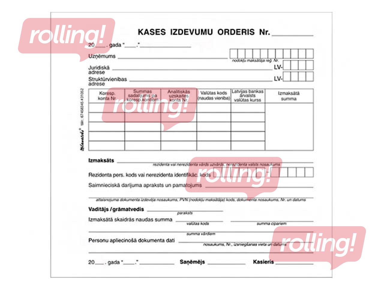 Kases izdevumu orderis, 1/3 no A4, paškopējošas, 2 eksemplāri, 50 komplekti