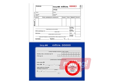 Darījumu apliecinošās kvītis, A6, paškopējošas, 3 eksemplāri, 25 komplekti