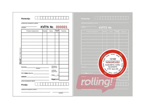 Receipt with numbering, A6, self-copying, 2 copies, 50 sets