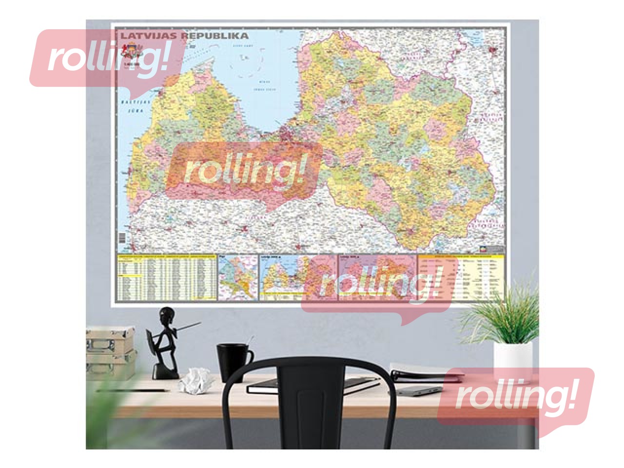 Latvijas administratīvā sienas karte, 121.5x86.5cm, laminēta, ar līstēm