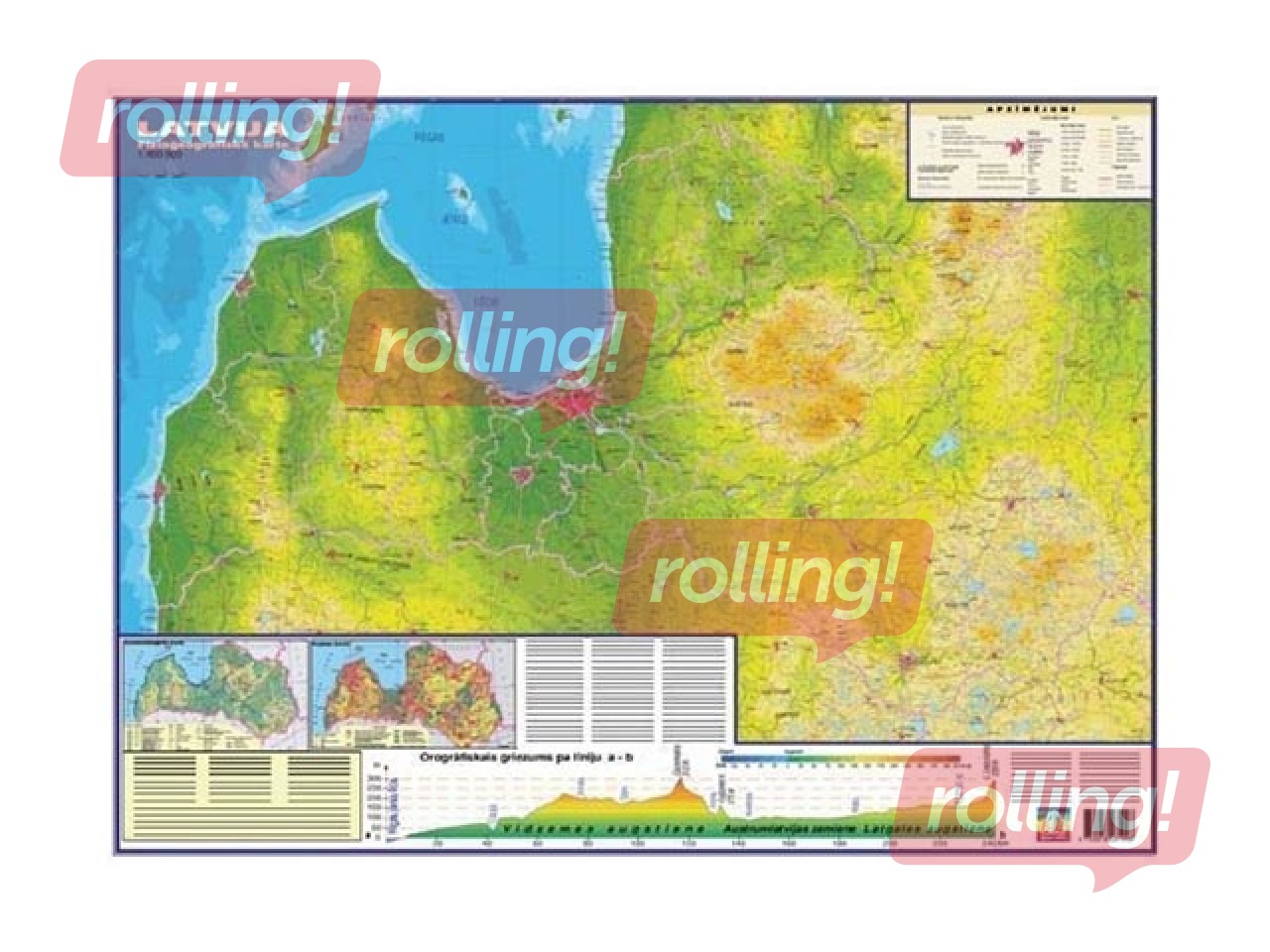 Latvijas fizioģeogrāfiskā karte, laminēta, ar līstēm, 89x121cm
