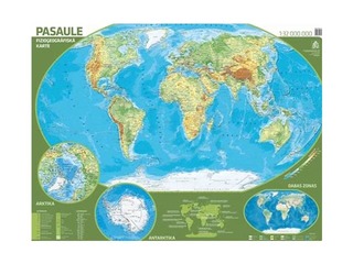 Физико-географическая настенная карта мира, ламинированная, с рейками, 110х88.8см