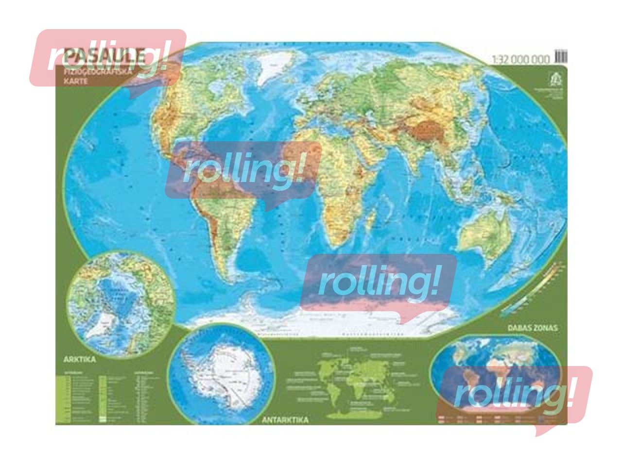 Pasaules fizioģeogrāfiskā sienas karte, laminēta, ar līstēm, 110x88.8cm