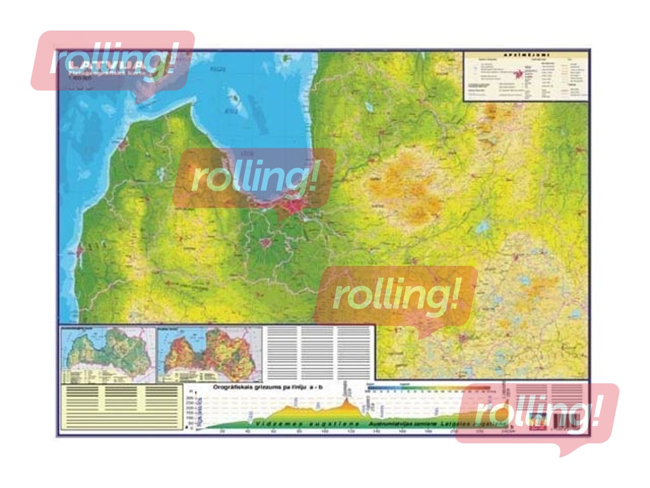 Latvia physical wall map, 89x121cm