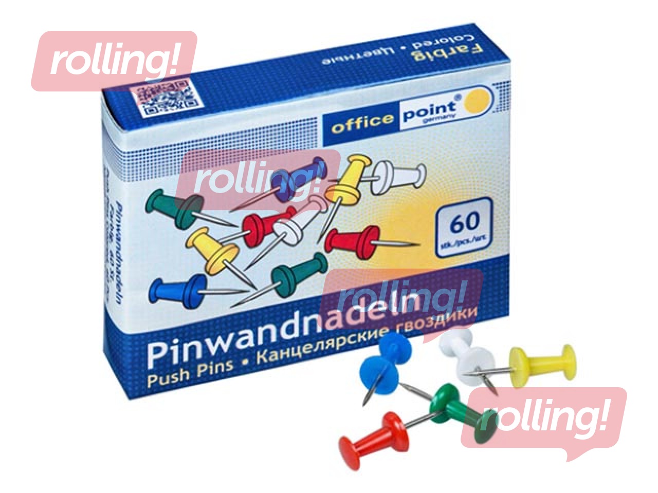 Push pins for cork boards Office Point, coloured, 60 pcs.