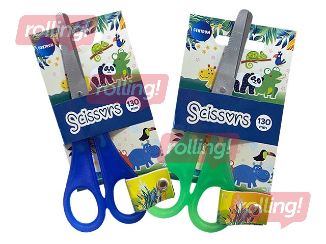 Šķēres bērniem Centrum Zoo ar lineālu, dažādas rokturu krāsas, 13cm