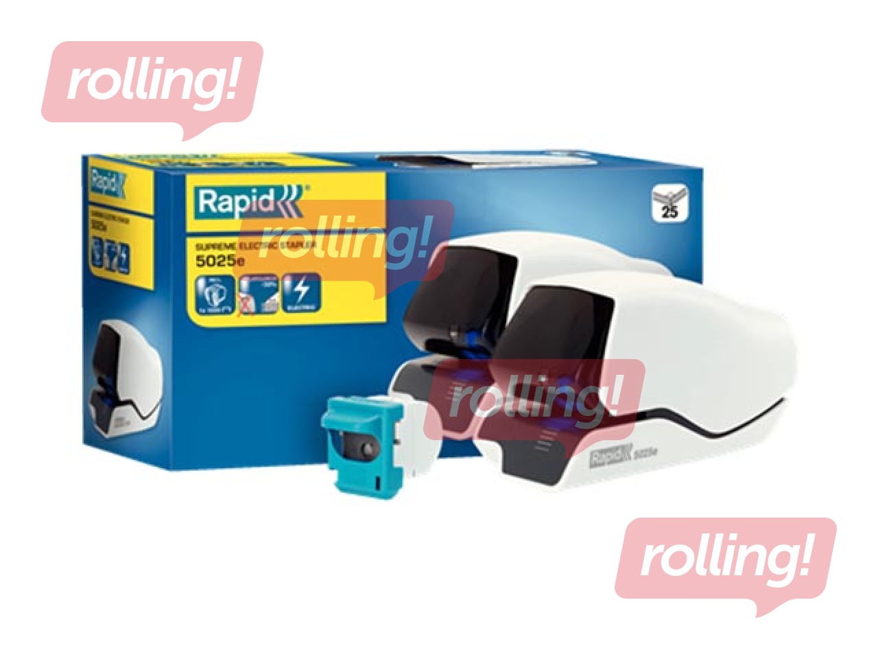 Skavotājs elektriskais Rapid 5025e, plakanais skavojums, 25 loksnēm, balts