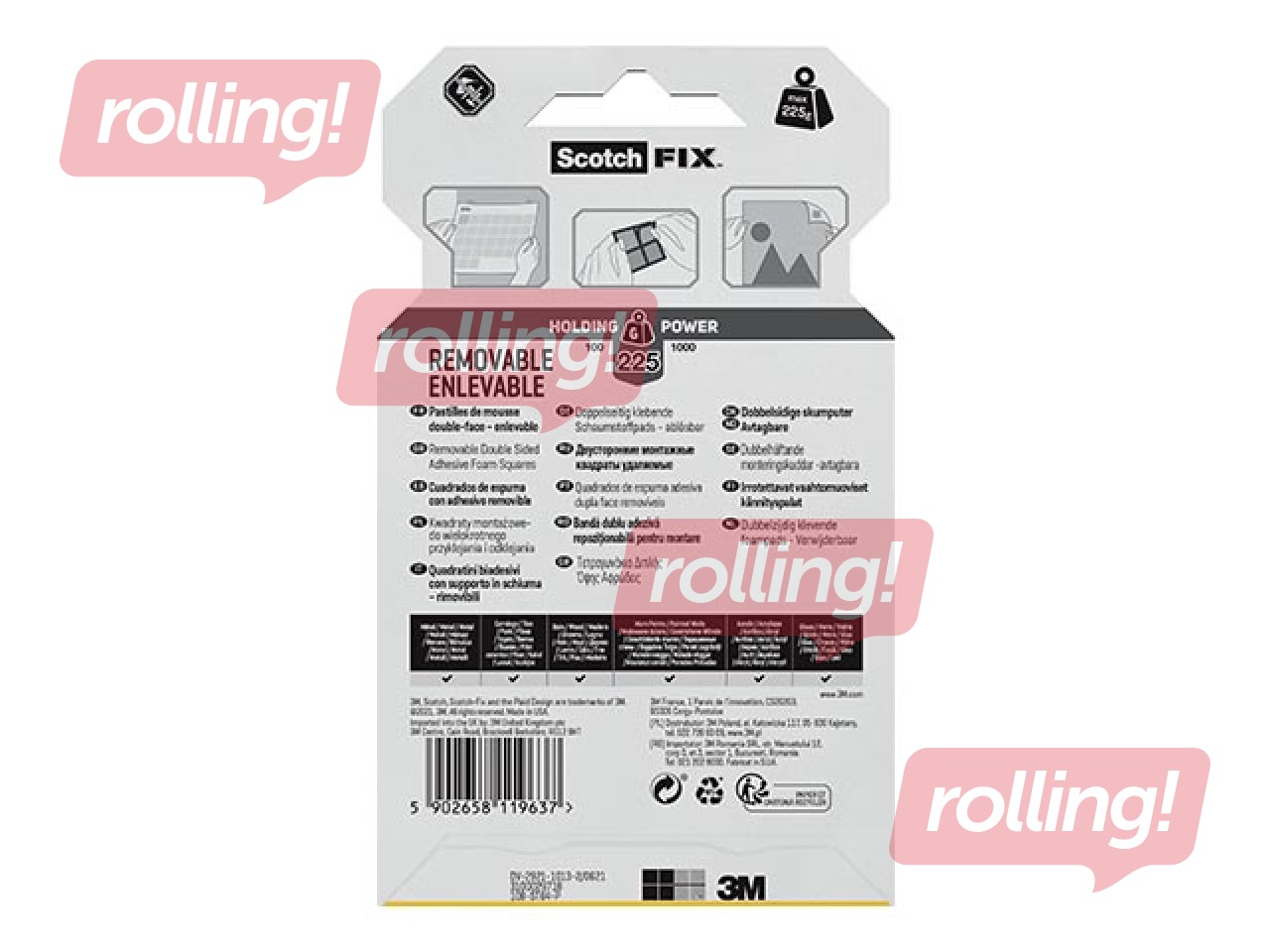 Montāžas kvadrātiņi 3M Scotch,12.7x12.7mm, noņemami