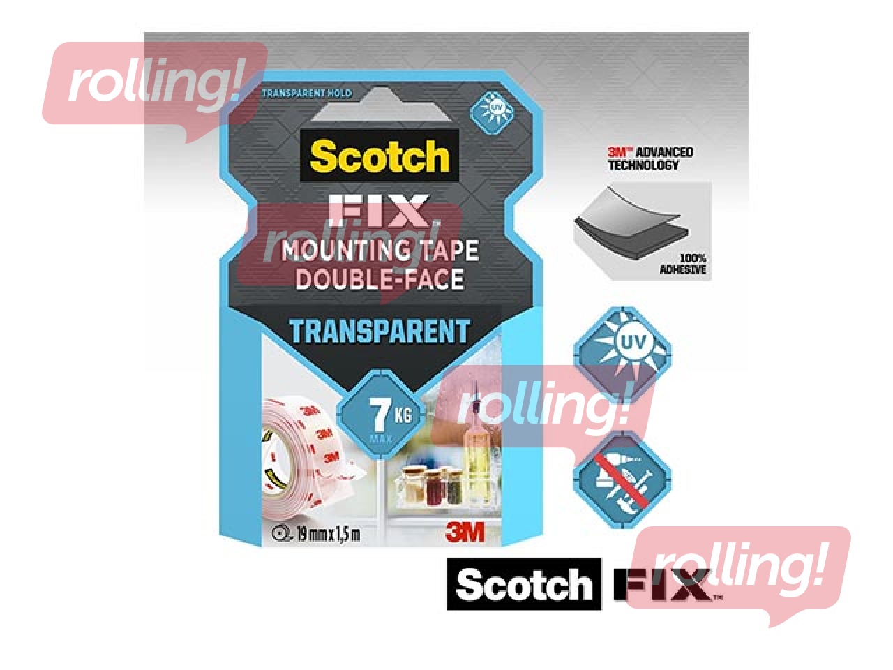 Līmlente abpusēja 3M Scotch, 19mm x 1.5m, montāžas, caurspīdīga