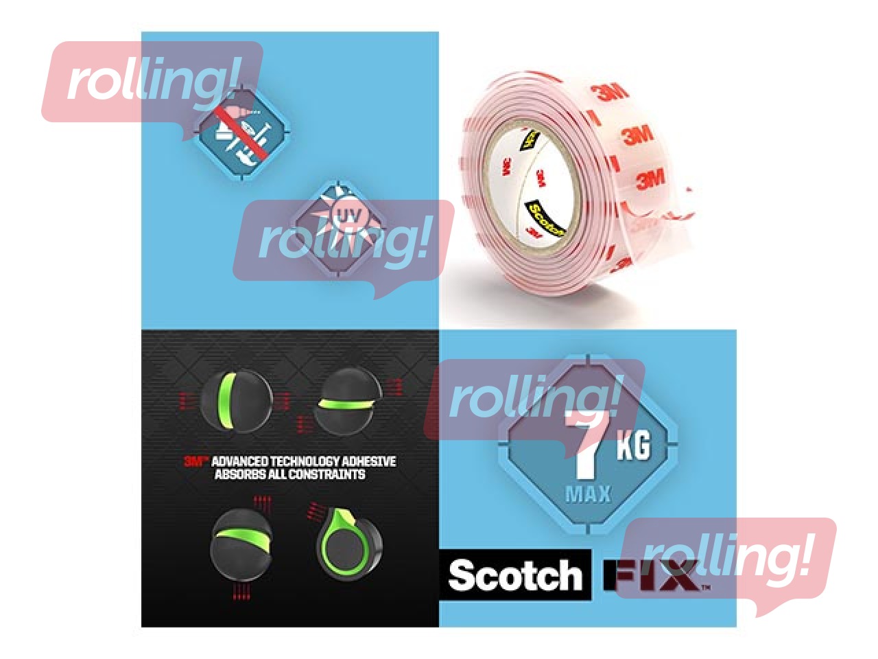 Līmlente abpusēja 3M Scotch, 19mm x 1.5m, montāžas, caurspīdīga