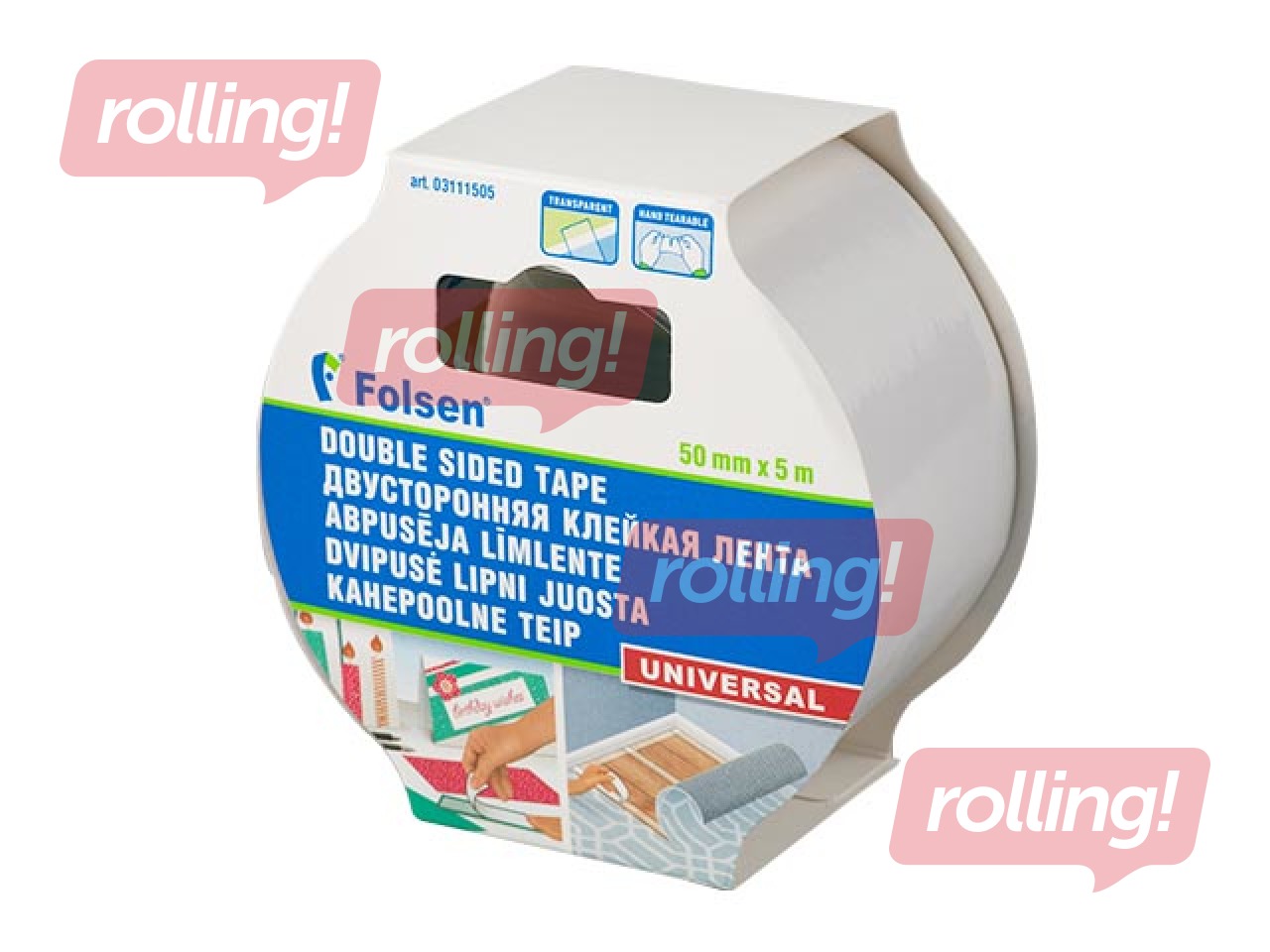 Kahepoolne teip Folsen PP, läbipaistev, 50mm x 5m