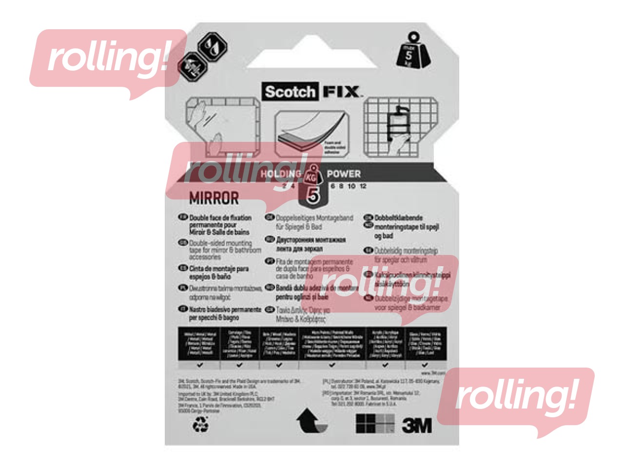 Līmlente abpusēja 3M Scotch, Bath & Mirror, 19mm x 1.5m