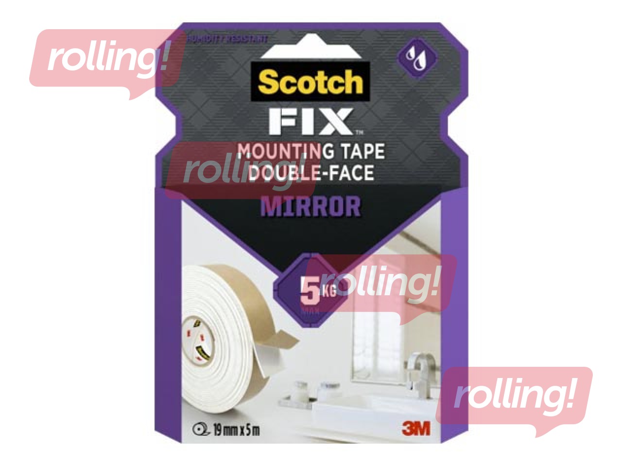 Adhesive tape, double sided 3M Scotch, Bath & Mirror, 19mm x 5m