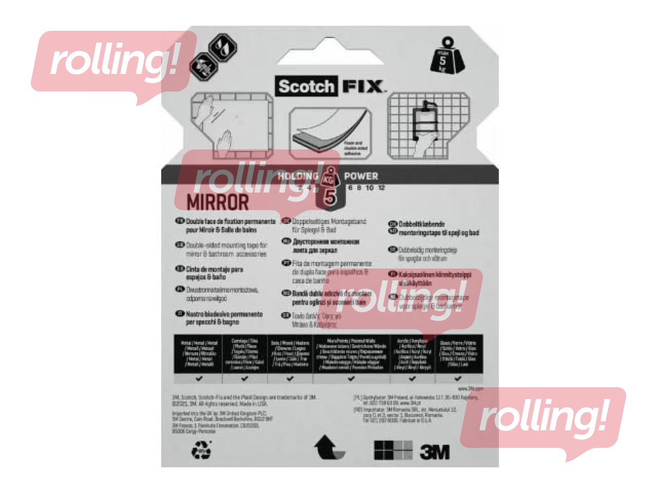 Adhesive tape, double sided 3M Scotch, Bath & Mirror, 19mm x 5m