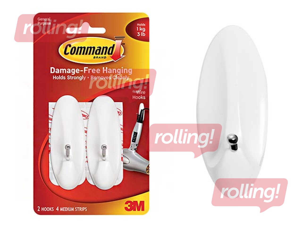 Pakaramais Command M, plastmasas ar metāla āķi, pielīmējams, balts