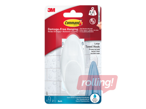 Command Bath Large Towel Hook, plastic, adhesive, white