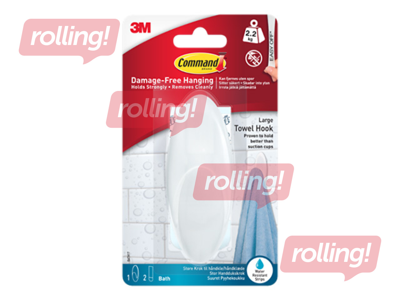 Крючок для полотенец Command Bath Large, пластиковый, самоклеящийся, белый