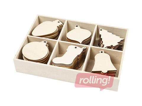 Ziemassvētku eglītes rotājumi, koka, 90 gab.