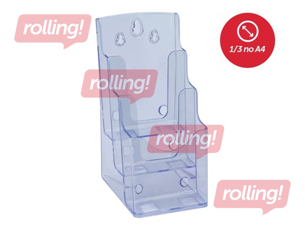 Bukletu turētājs, brīvi stāvošs vai stiprināms pie sienas, ar 3 kabatām, 1/3 no A4