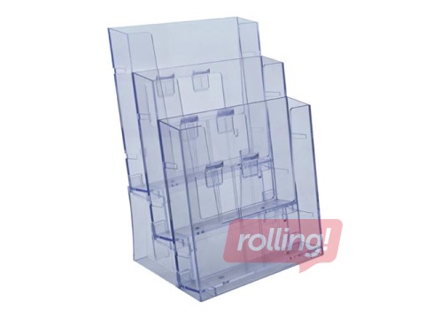 Bukletu turētājs, daudzfunkcionāls, brīvi stāvošs vai stiprināms pie sienas, ar 3 kabatām, A4