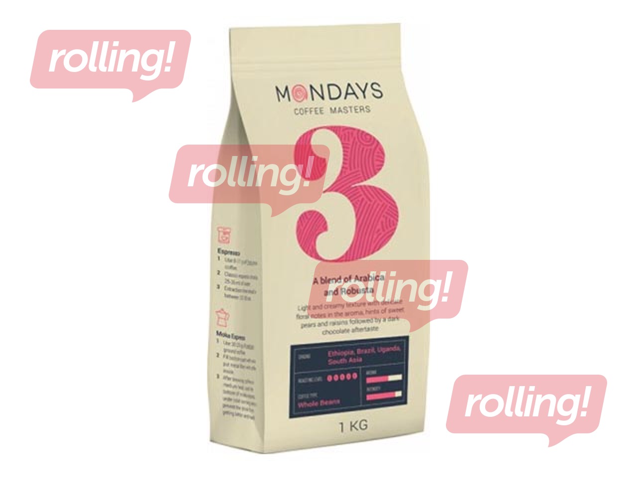 Kafijas pupiņas Mondays Nr.3, arabica un robusta, 1kg