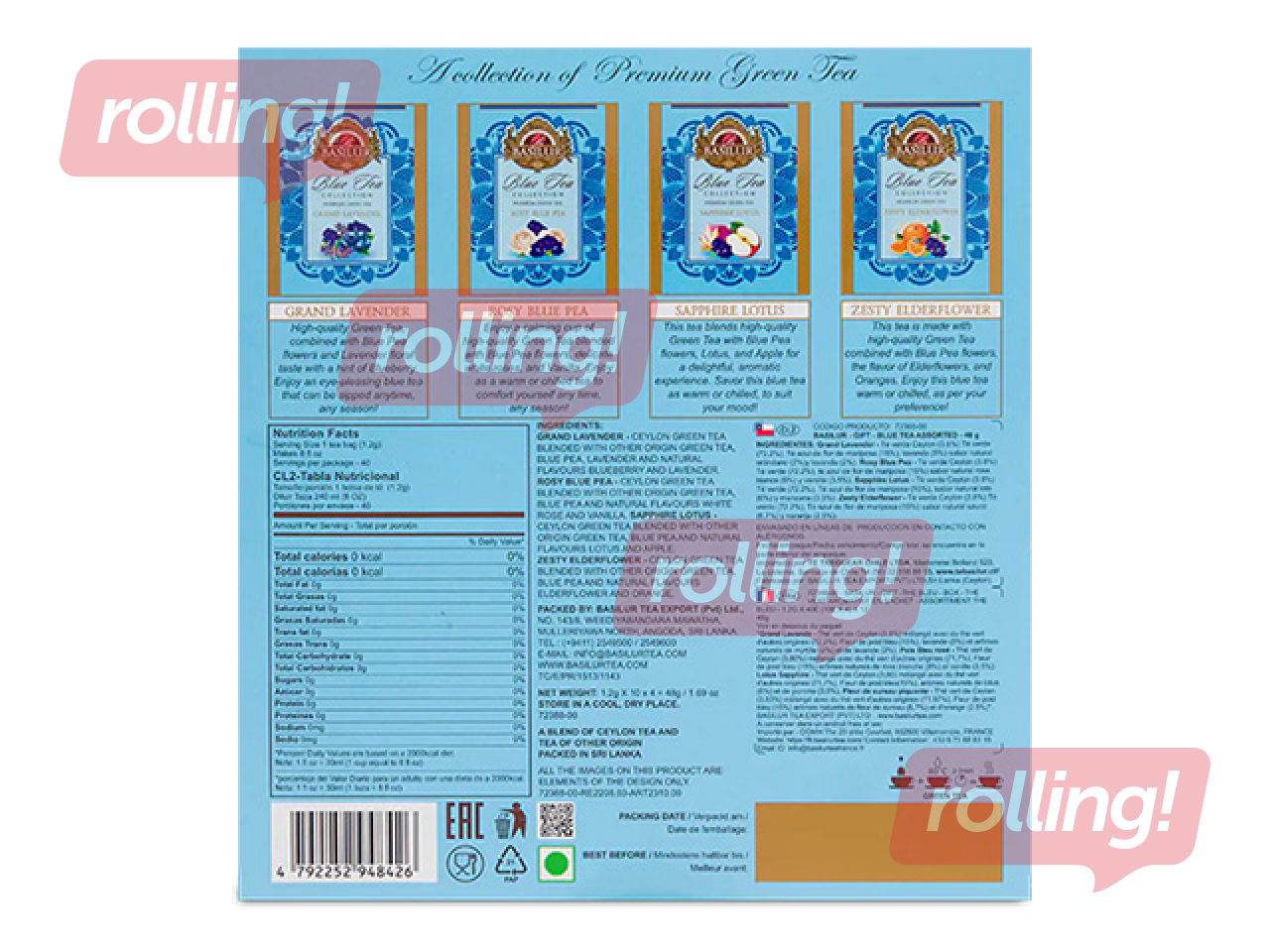 Tea Basilur, Blue Tea, Green Tea Assortment, 40 bags