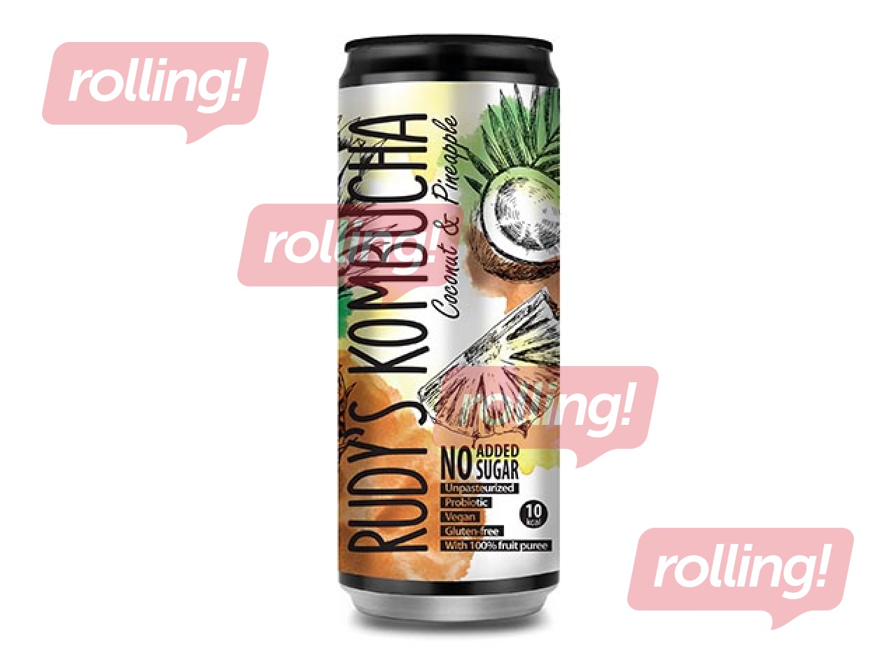 Kombuča Rudy's Kombucha, kokosrieksts un ananass, skārdene, 330ml (Taras depozīts iekļauts cenā)