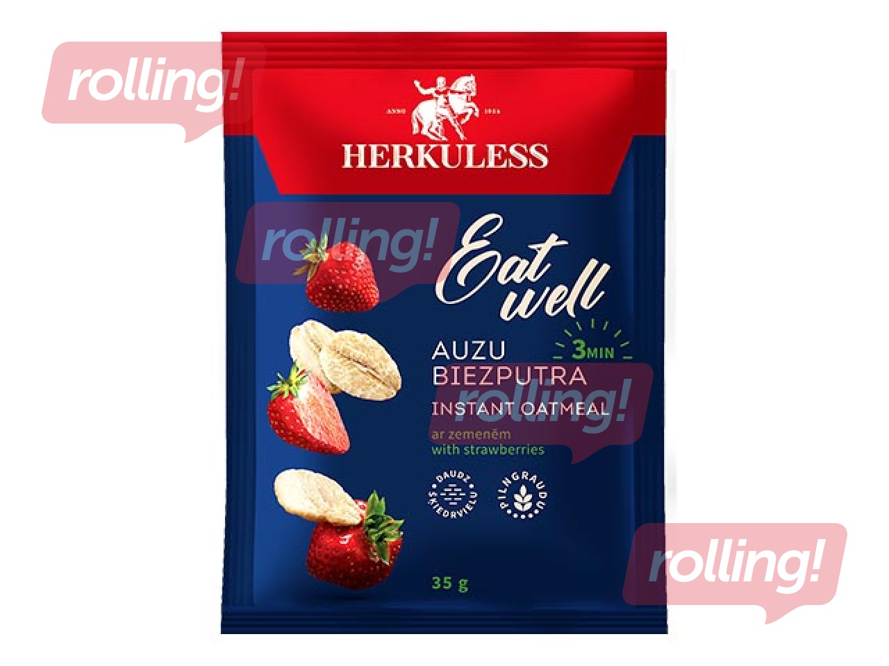 Auzu pārslu biezputra Herkuless, ar zemeņu gabaliņiem, 35g