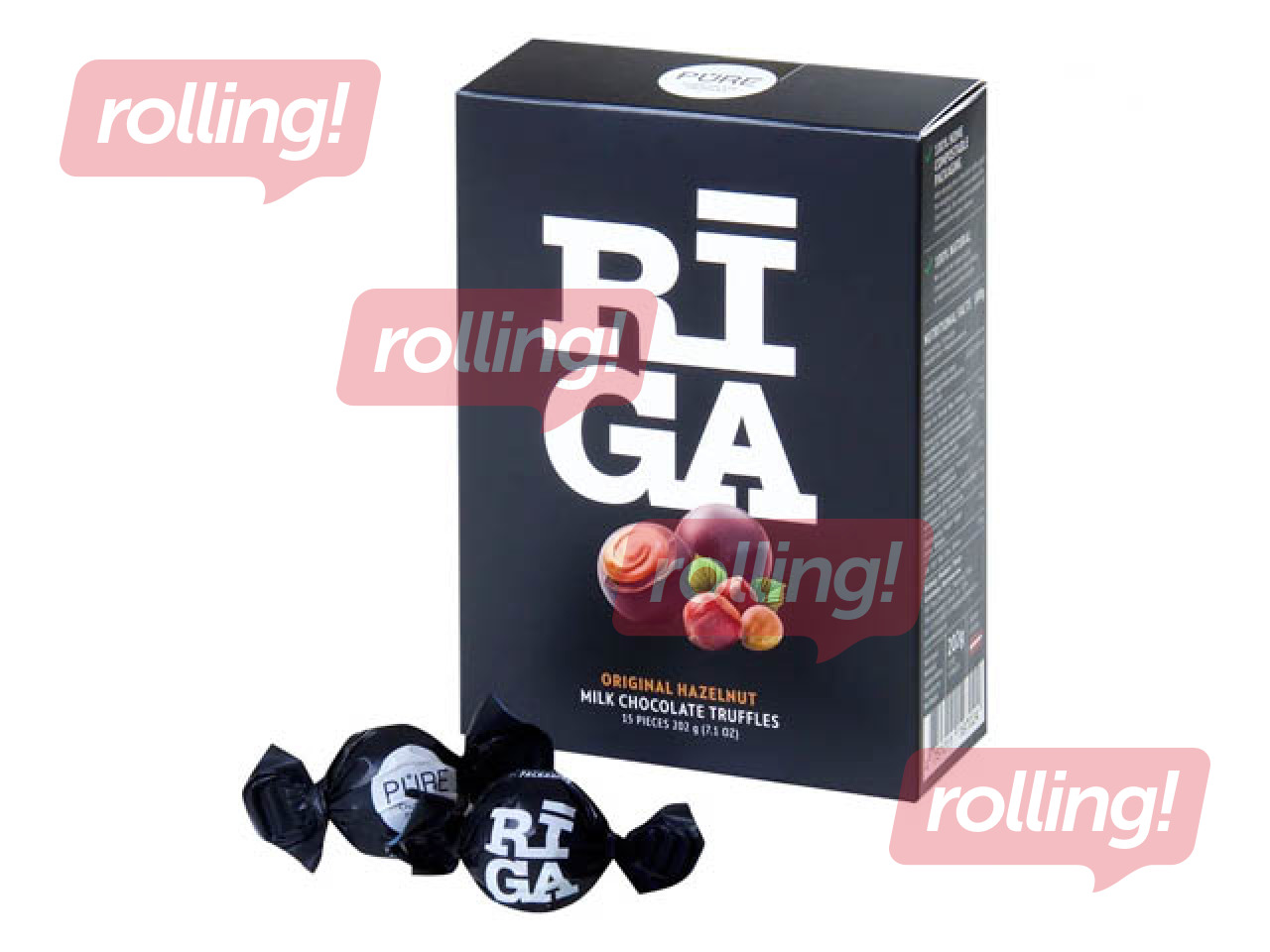 Piena šokolādes trifeles Pure Chocolate Rīga ar lazdu riekstu un cepumu krēma pildījumu, 202g