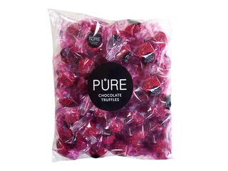 Piena šokolādes trifeles Pure Chocolate ar siera kūkas krēma pildījumu un aveņu dekoru, 600g