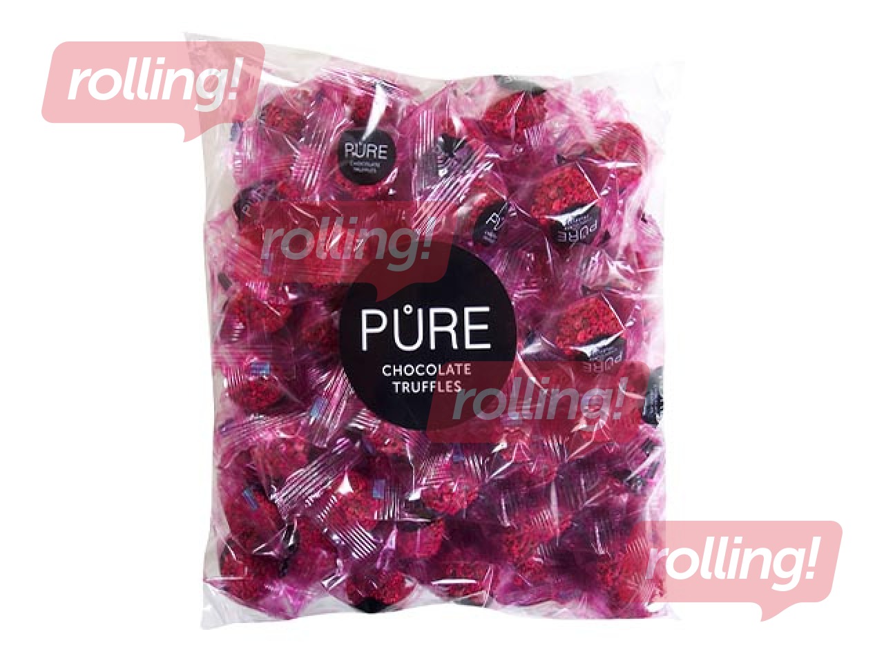 Piena šokolādes trifeles Pure Chocolate ar siera kūkas krēma pildījumu un aveņu dekoru, 600g