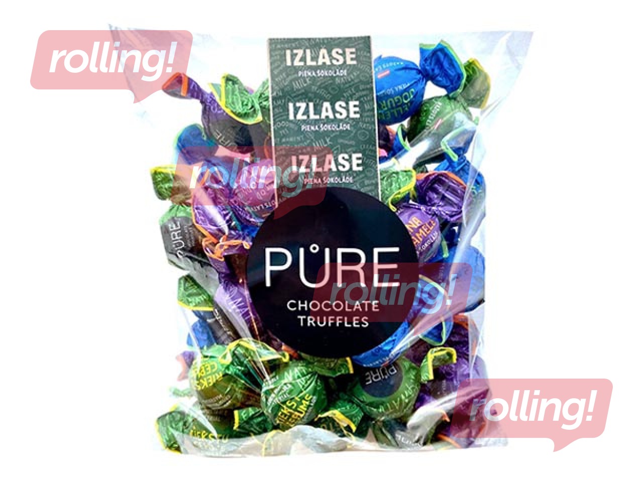 Piena šokolādes trifeles Pure Chocolate Asorti (karameļu, lazdu riekstu, melleņu jogurta), 500g