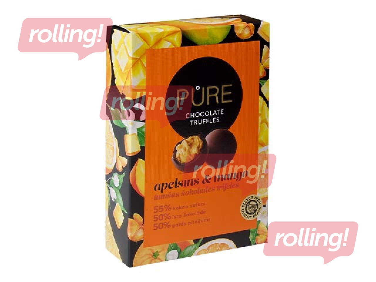 Šokolādes trifeles Pure Chocolate ar apelsīna-mango garšas krēma pildījumu, 148g