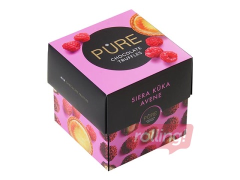 Šokolādes trifeles Pure Chocolate ar siera kūkas krēma pildījumu un aveņu dekoru, 96g
