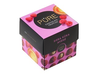 Šokolādes trifeles Pure Chocolate ar siera kūkas krēma pildījumu un aveņu dekoru, 96g