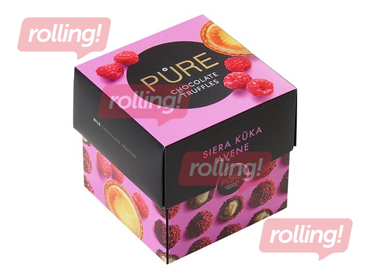 Šokolādes trifeles Pure Chocolate ar siera kūkas krēma pildījumu un aveņu dekoru, 96g