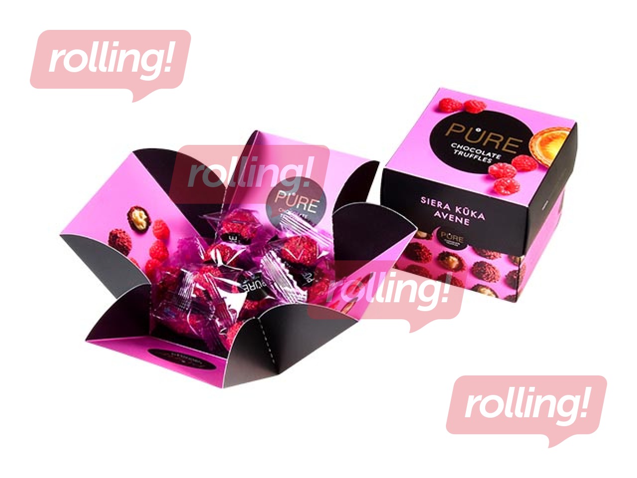 Šokolādes trifeles Pure Chocolate ar siera kūkas krēma pildījumu un aveņu dekoru, 96g