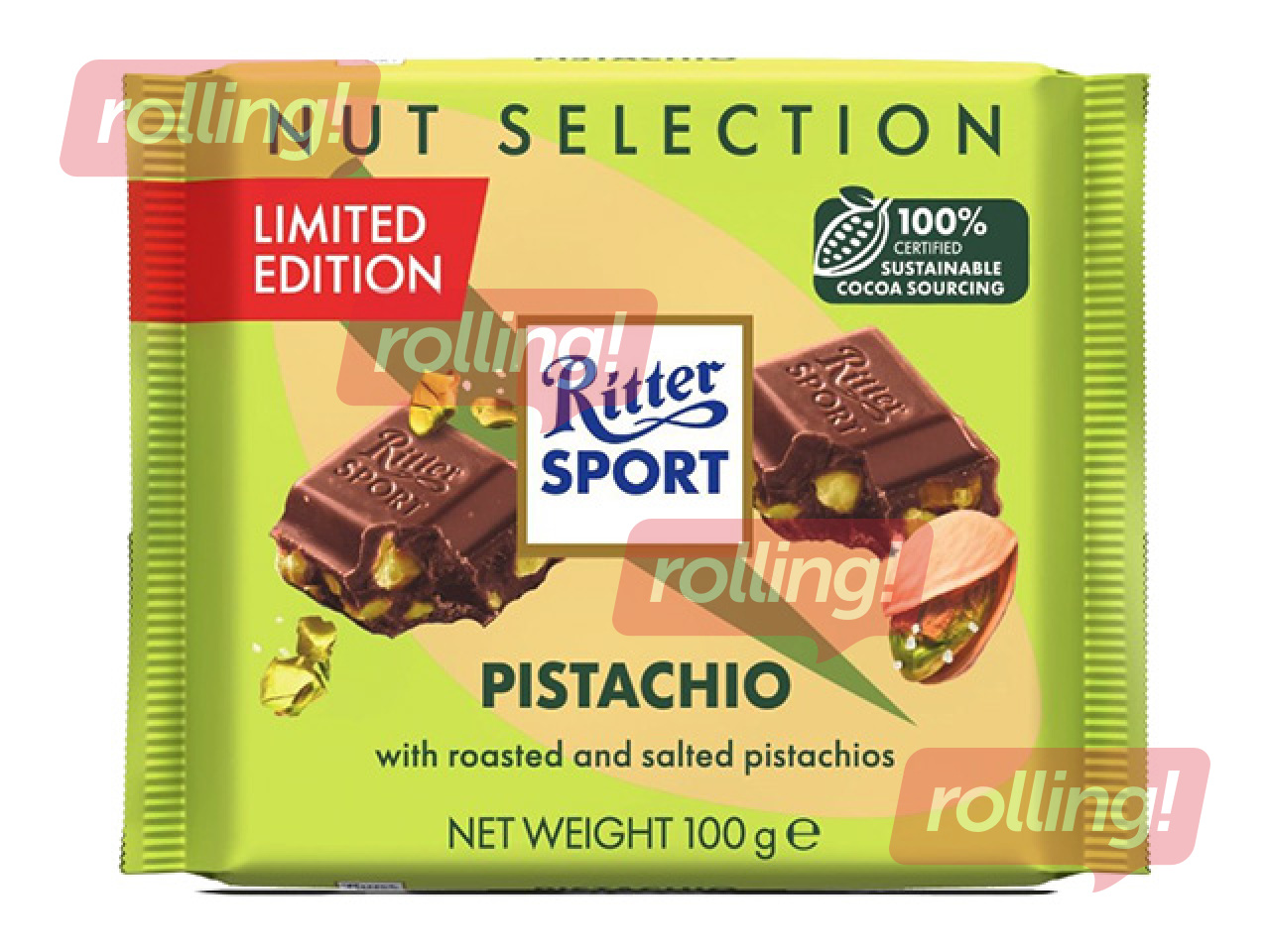 Šokolāde Ritter Sport, piena, ar sālītām pistācijām, 100g 