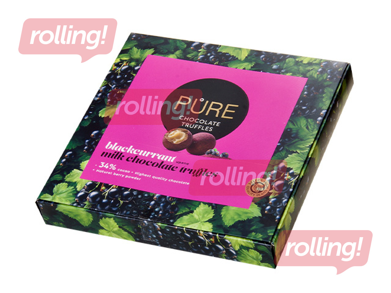 Piena šokolādes trifeļu izlase Pure Chocolate, ar upeņu krēma pildjumu un pūderi 16, 120g