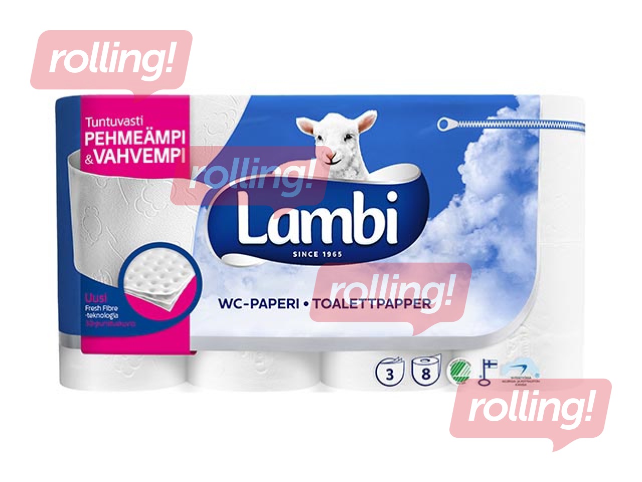 Tualetes papīrs Lambi, balts, 3 slāņi, 8 ruļļi