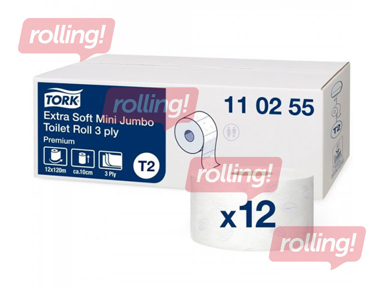 Tualetes papīrs Tork Premium Mini Jumbo Extra Soft T2, 12 ruļļi, 3 slāņi, balts