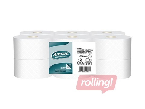 Туалетная бумага Amoos Jumbo, T2, 180 м, 12 рулонов, 2 слоя, белая
