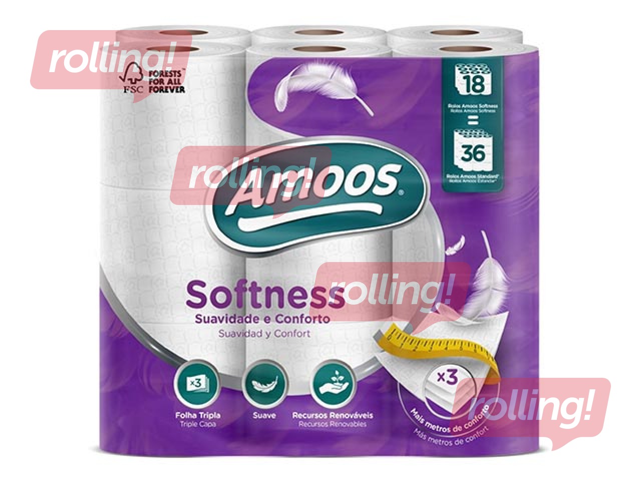 Toilet paper Amoos, T4, 18 rolls, 3 layers, white