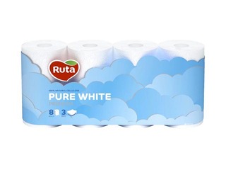 Tualettpaber Ruta Pure 8 rulli, 3-kihiline, valge