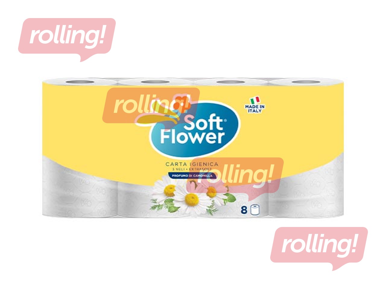 Soft Flower toilet paper, perfumed, 3-ply, white, 8 rolls