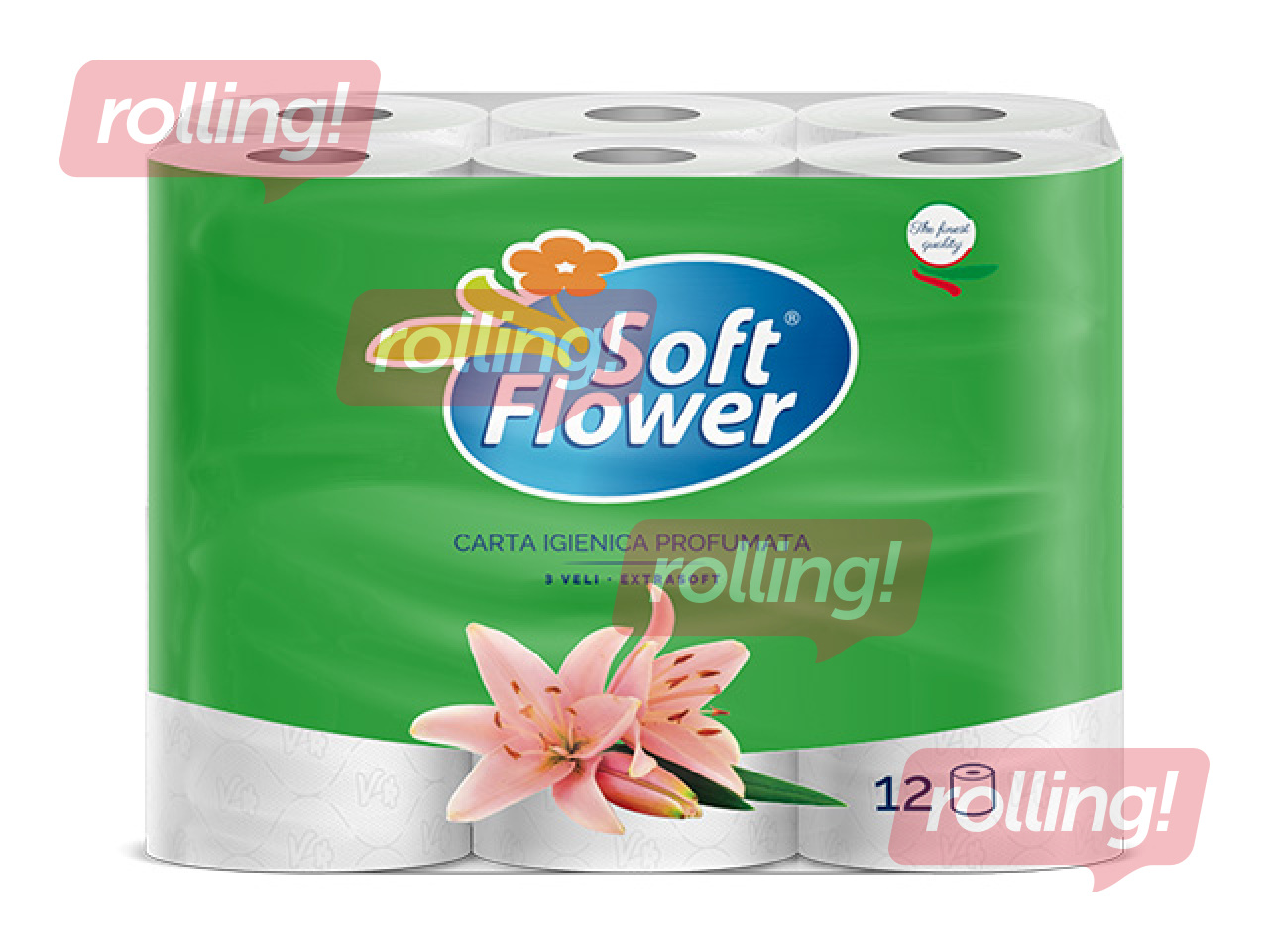 Tualetes papīrs SoftFlower, parfimēts, balts, 3 slāņi, 12 ruļļi