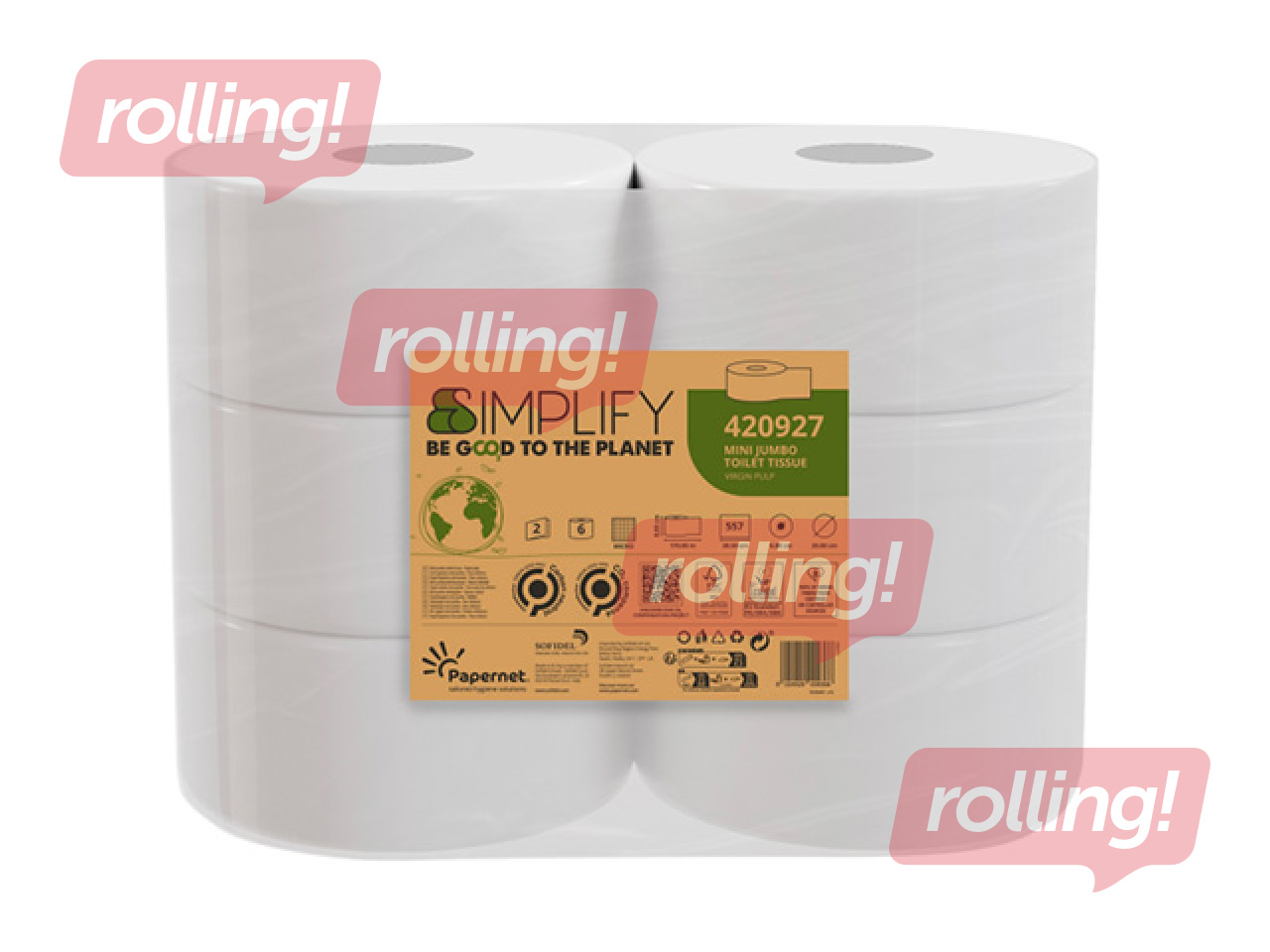 Tualetes papīrs Papernet, Simplify Mini Jumbo, 2 slāņi, balts, 6 ruļļi