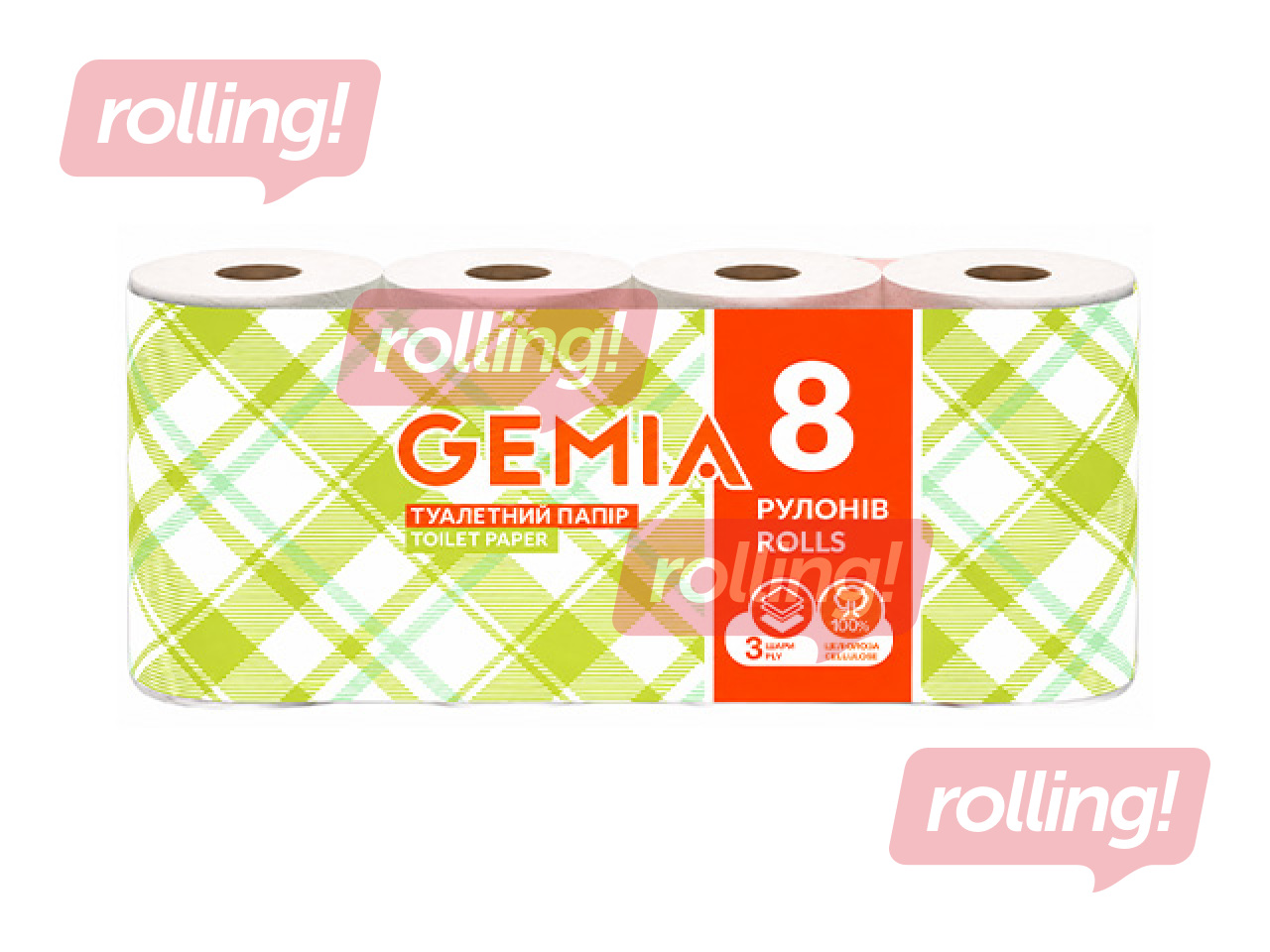Туалетная бумага в рулонах Gemia, 3 слоя, 8 рулонов